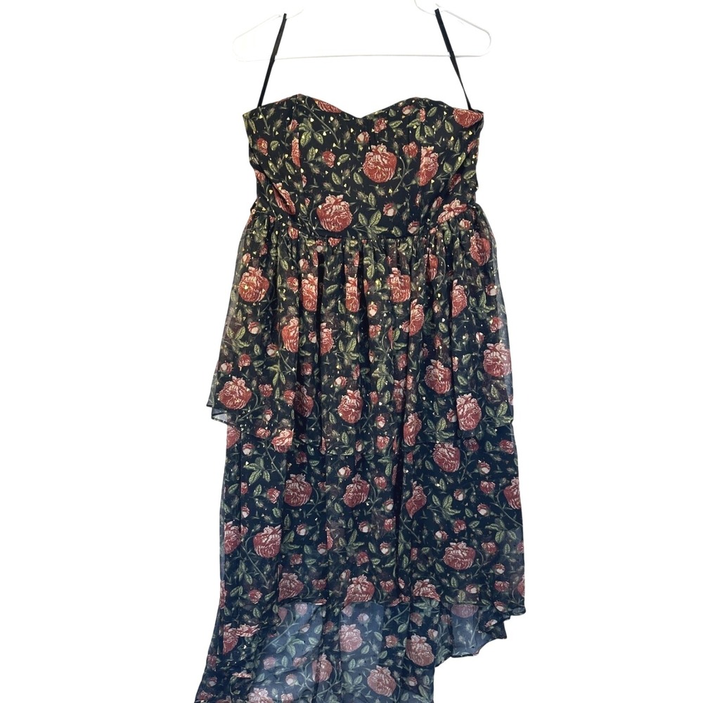 Floral Rose Gold Foil High Low Tiered Ruffle Strapless Sweetheart Dress